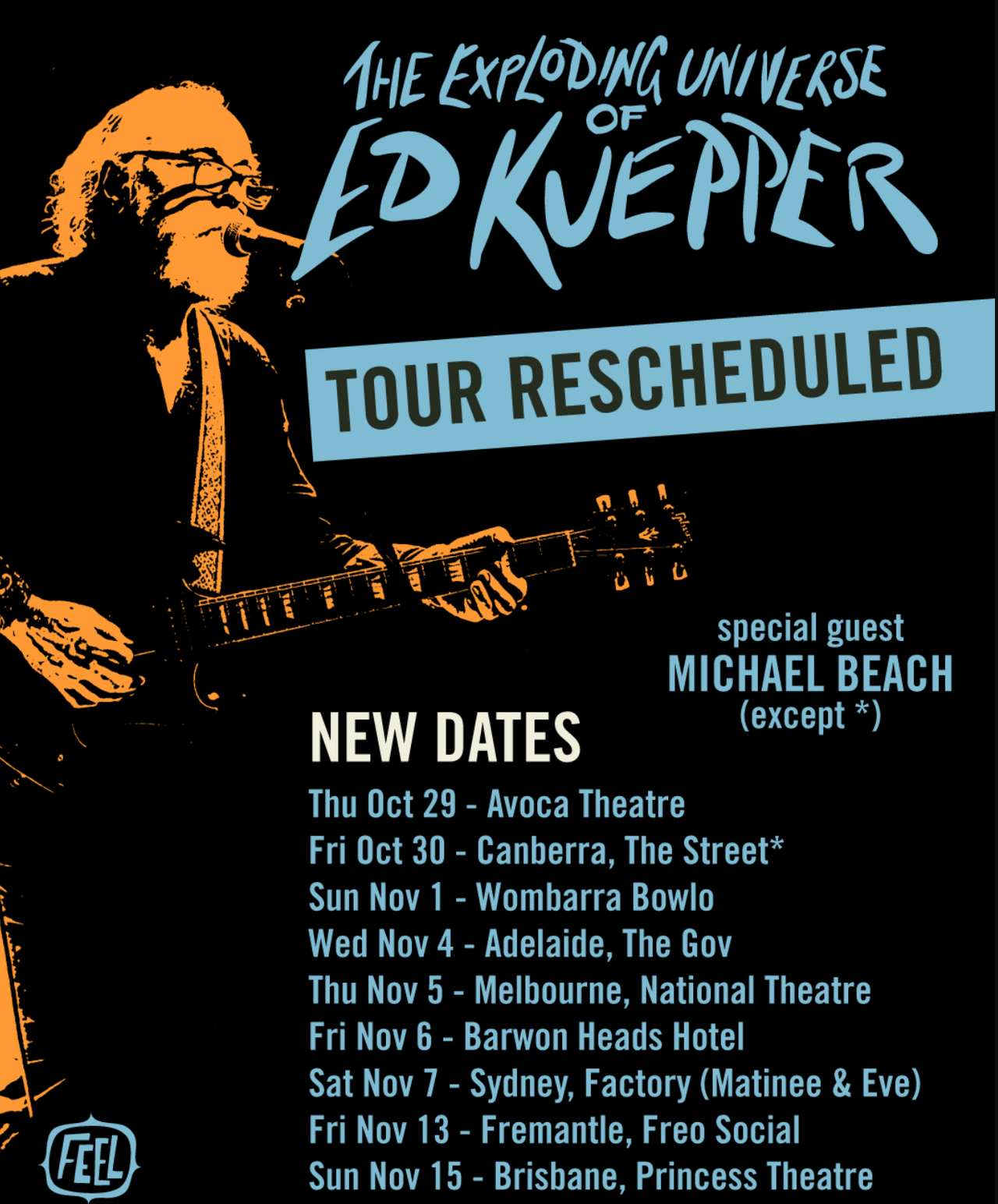 The Exploding Universe of Ed Kuepper tour poster with rescheduled Australian dates, guest Michael Beach, and orange guitar silhouette.